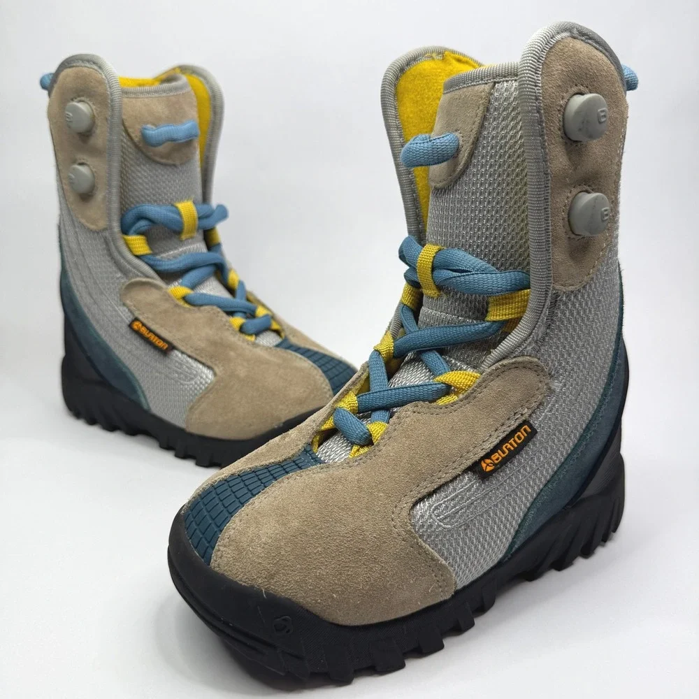 Burton Moto Snowboard Boots Kids 2 Grey Blue Yellow Lace Up
